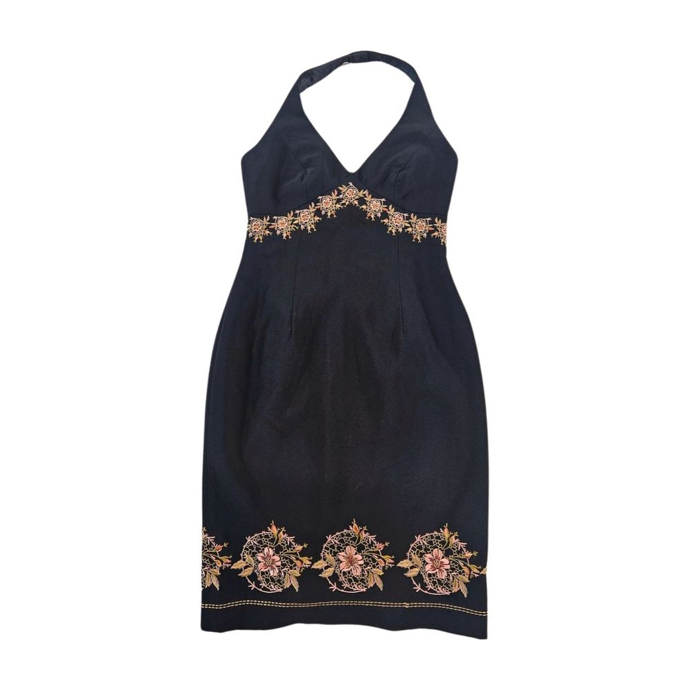 Maggy London Dress Size 4 Black Floral Halter Top Embordered Eveningwear Vintage